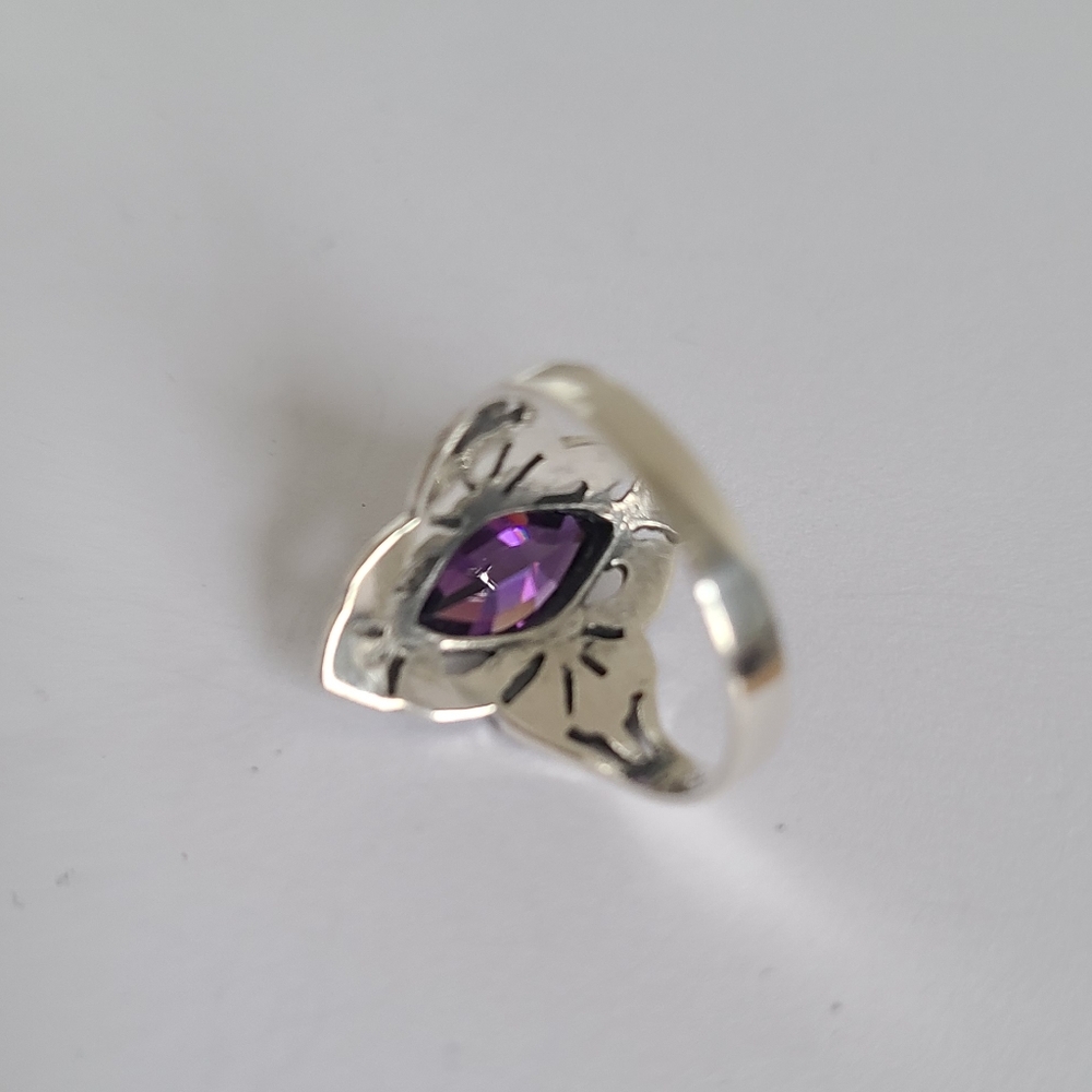 Vintage Elegant Art Deco Sterling Silver Marcasite Purple Amethyst Crystal Ring - Picture 6 of 13